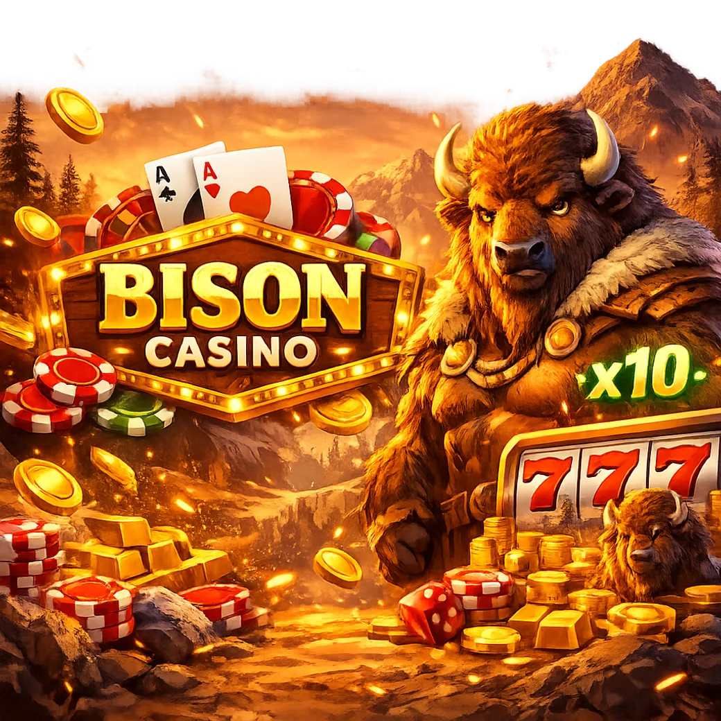 Dynamic promotional image for Bison Casino with casino-themed elements.